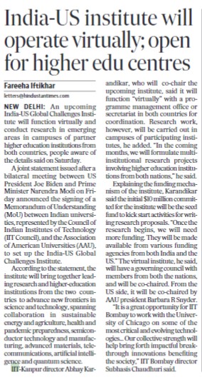 The forthcoming Indo-US Global Challenges Institute is set to operate in a virtual capacity, dedicating its research efforts to pioneering domains and cutting-edge technologies.

#G20Edu4All #EdWG20MadeEasy @g20org #G20IndiaMoments #EdWG #G20India2023 #G20SummitDelhi
