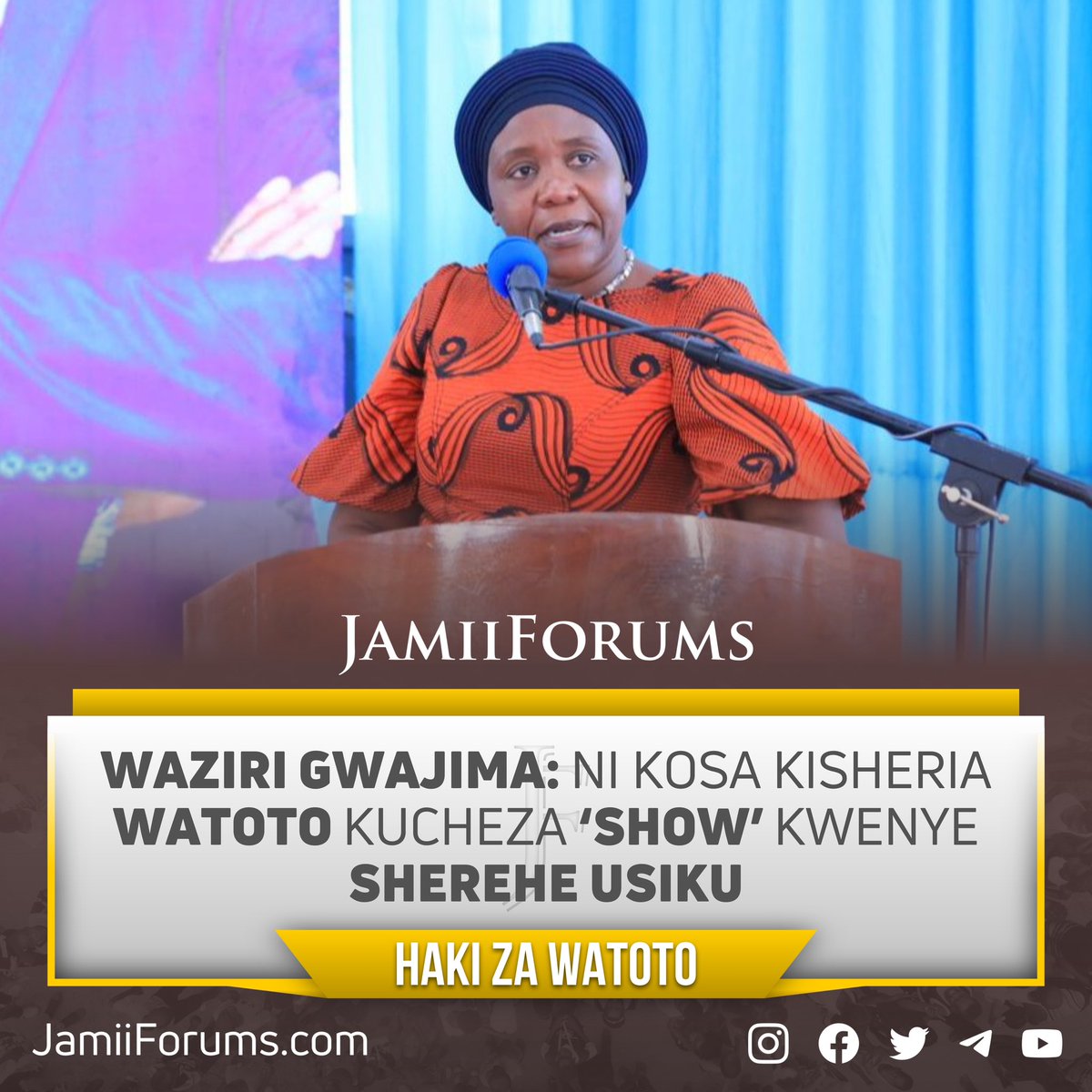 JamiiForums's tweet photo. Kufuatia kusambaa kwa Video iliyowaonesha Watoto wakitoa Burudani kwenye Sherehe wakati wa Usiku na katika Miondoko isiyofaa kwa Umri wao, Waziri Maendeleo ya Jamii, Jinsia, Wanawake na Makundi Maalum, Dkt. Dorothy Gwajima amewatafuta Wazazi wa Watoto hao na kukemea kitendo hicho huku akiwataka Washereheshaji na Jamii kuzingatia Sheria inayokemea Udhalilishaji wa Watoto

Sheria ya Mtoto Namba 21 ya Mwaka 2009 (iliyorekebishwa Mwaka 2019), kifungu cha 158 (1) (c) inazuia kumtumia Mtoto kwenye Maonesho ya Harusi, Mitindo ya Nguo au Maonesho mengine kama hayo wakati wa Usiku. Adhabu yake ni faini ya Tsh. Laki 5 au kifungo cha Miezi 6 jela au vyote kwa pamoja 

Soma https://t.co/dyMMWEI1d5

#JamiiForums #HakiMtoto #JFWomen #ChildProtection #Governance #SocialJustice #JFUwajibikaji