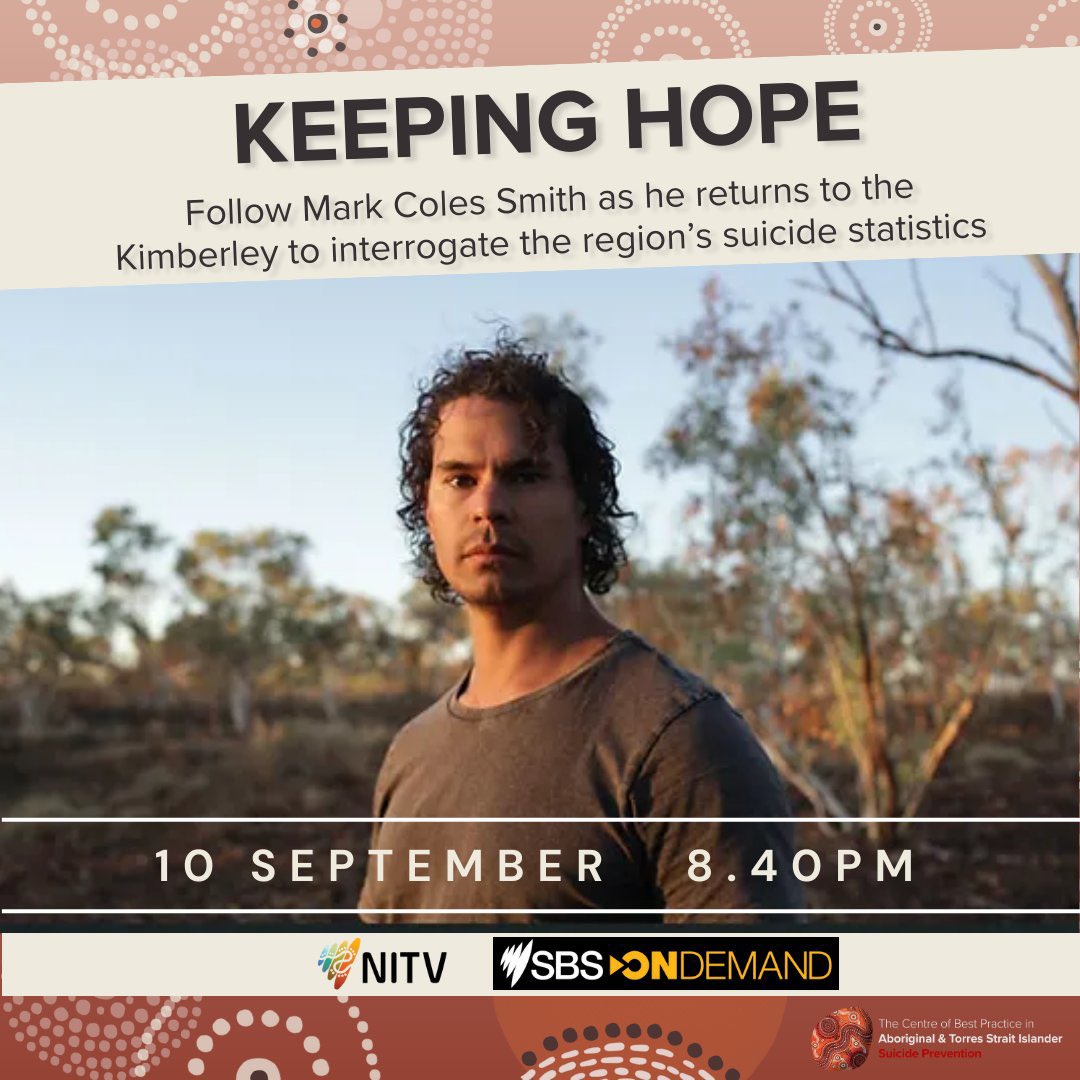 HealingWorksAu's tweet photo. We're honored to support #KeepingHope" documentary, directed by Tyson Mowarin.
Join Mark Coles Smith, a proud Nyikina man, on a heartfelt Kimberley journey addressing high suicide rates.
Premiering on @NITV & @SBSOnDemand tonight. #WorldSuicidePreventionDay https://t.co/ReQVZjz1Xr