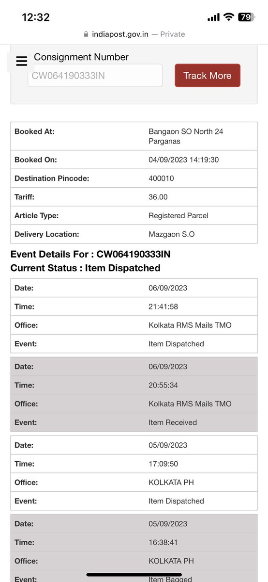 soniirkive's tweet photo. On 4th Sept one of my parcels was booked from the Head office of India Post. There was an update from time to time till 6th September. Now there is no update, no clue of what might have happened with the parcel. 
Consignment: CW064190333IN
@IndiaPostOffice https://t.co/YSqSU7jJmp
