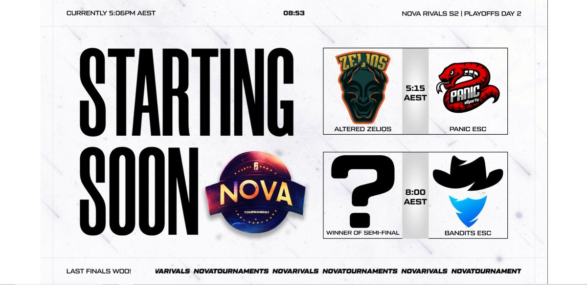 Nova Tournaments (@novatournament_) on Twitter photo IT'S SEMI FINALS & GRAND FINALS TONIGHT BABYYYYY π₯π₯
We've got two exciting matchups to decide our Nova Rivals S2 winner!
β° 5:15pm - @AlteredZelios vs @PanicESC
β° 8:00pm - Winner vs <a href="/BanditsESC/">Bandits π€ </a>
π΄ LIVE RIGHT NOW - twitch.tv/NovaTournaments IT'S SEMI FINALS & GRAND FINALS TONIGHT BABYYYYY π₯π₯
We've got two exciting matchups to decide our Nova Rivals S2 winner!
β° 5:15pm - @AlteredZelios vs @PanicESC
β° 8:00pm - Winner vs <a href="/BanditsESC/">Bandits π€ </a>
π΄ LIVE RIGHT NOW - twitch.tv/NovaTournaments