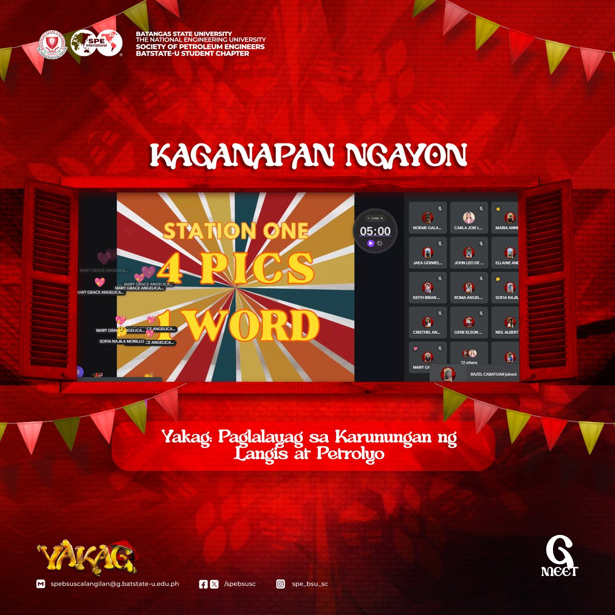 KAGANAPAN NGAYON:
Matapos ang unang bahagi ng Yakag 2023, dumako na sa ikalawang parte ang programa para sa Scavenger Hunt na sasalihan ng PETEmates na gaganapin sa Google Meet.

#Yakag2023
#SPEBatStateUSC
#SuperiorPerformance
#RadiantExcellence
#IgniteTheFlame