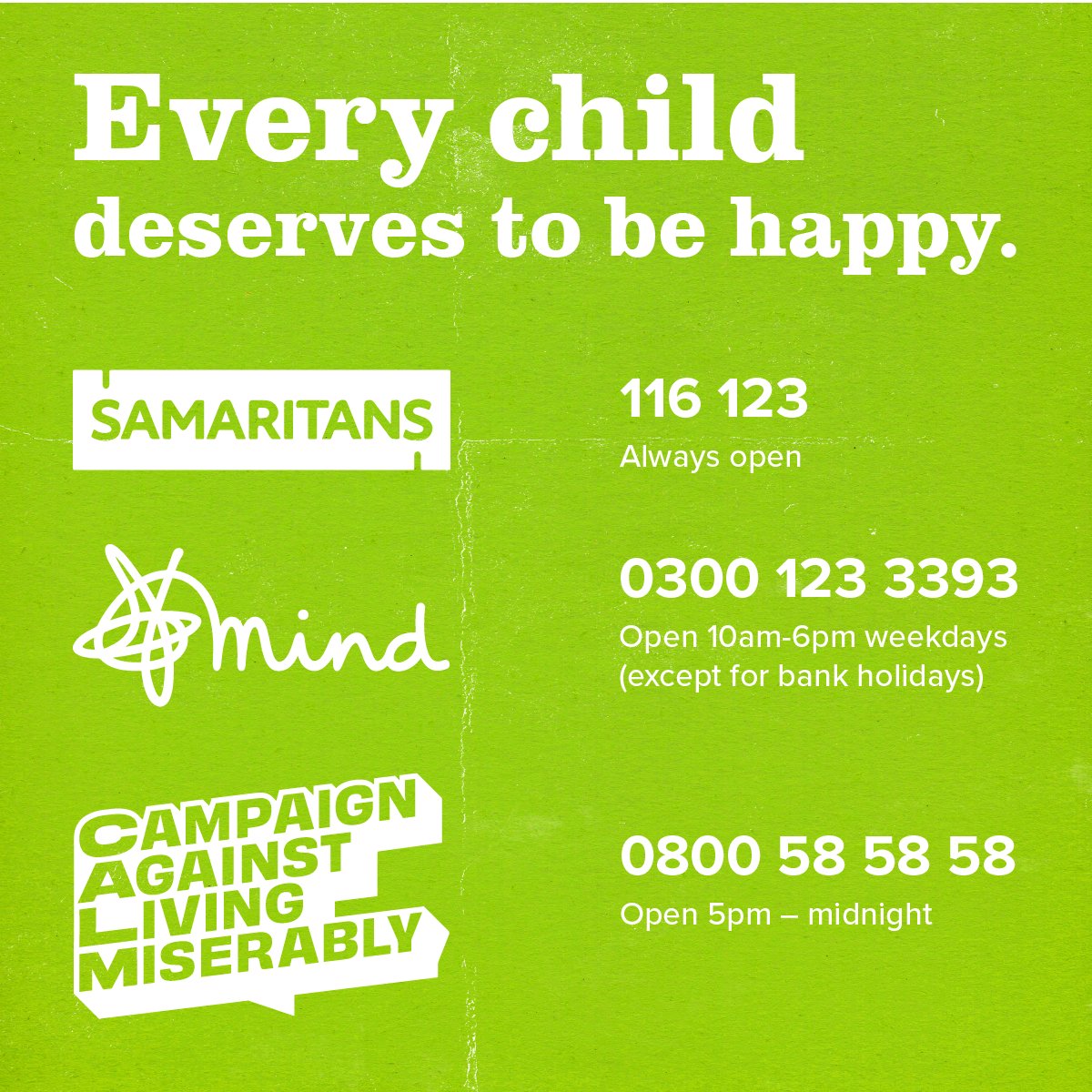 This #WorldSuicidePreventionDay, it’s important to know that there will always be someone there to support you.

We've collected a list of organisations who can help. If you or someone you know is in immediate danger, call 999.

Please share to help support those who need it 💚