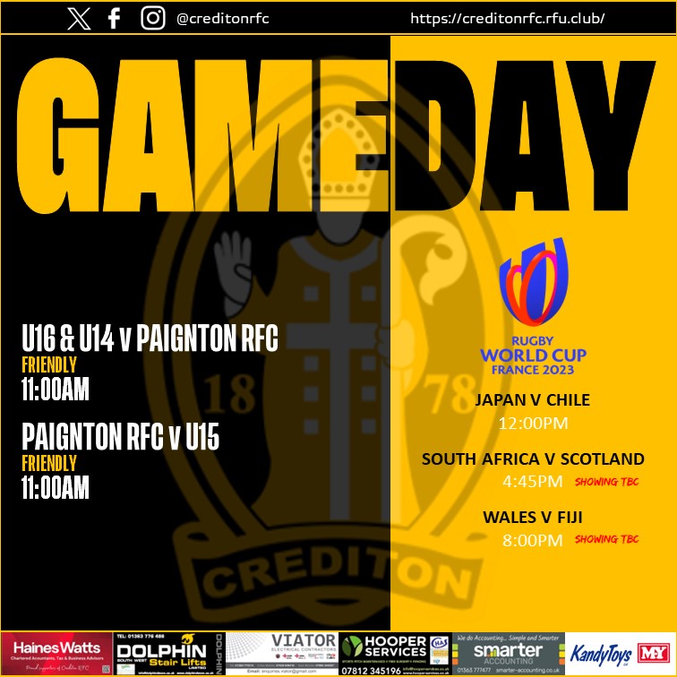 It's 𝗚𝗔𝗠𝗘𝗗𝗔𝗬 for the 𝗨𝟭𝟲𝘀, 𝗨𝟭𝟱𝘀 &amp; 𝗨𝟭𝟰𝘀 as they take on <a href="/PaigntonRFC/">Paignton Rugby Club</a> - go well 🖤💛

Plus <a href="/rugbyworldcup/">Rugby World Cup</a> 𝟮𝟬𝟮𝟯 continues!
#kirton #blackandamber #onebigclub #devonrugby <a href="/swsportsnews/">South West Sports News</a>