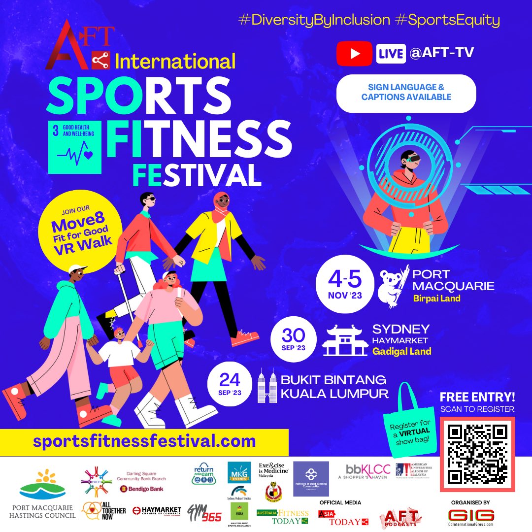 move8movement's tweet photo. The countdown has begun… AFT  International Sports &amp; Fitness Festival kicks off from 🇲🇾 Bukit Bintang to 🇦🇺 Sydney Haymarket then to Port Macquarie on World Day of the Deaf 🧏🏽‍♀️ #sportinclusion #spofife https://t.co/bErOIX1xyY