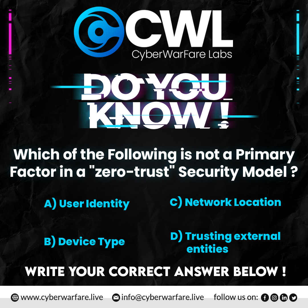 cyberwarfarelab's tweet image. 🤔 Sunday Knowledge Challenge 📚 Drop your answers below! 👇🏻

Let's test your cybersecurity knowledge! 💻🔒

🚀Visit Our Website :
cyberwarfare.live

#SundayKnowledge #CybersecurityQuiz #cyberwarfarelabs