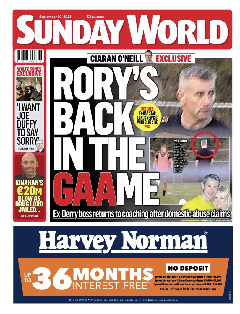Sunday World reveal how Rory Gallagher is back coaching in the GAA after domestic abuse claims. I have been asking Ulster GAA and Monaghan GAA about this for three weeks but they haven’t bothered responding. Maybe they will now.