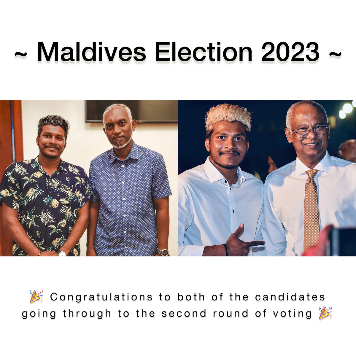 Congratulations <a href="/MMuizzu/">Dr Mohamed Muizzu</a> &amp; <a href="/ibusolih/">Ibrahim Mohamed Solih</a> going through to the secound round of voting. 💫. 
—
Who do you think will win? 😅, 🙌 #Respect who ever wins 🫶.
—
#maldives #vote 
#election2023
#MaldivesElection