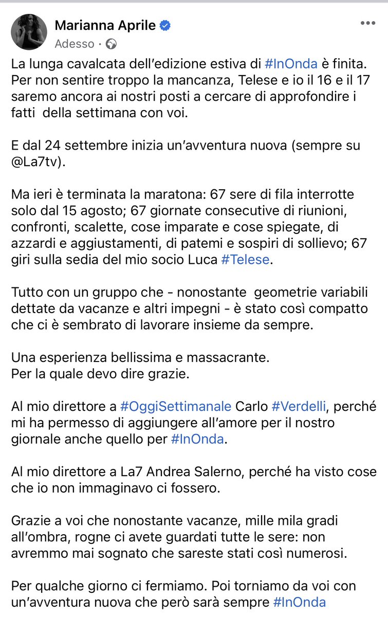 mariannaaprile's tweet photo. Ieri è finita la maratona di #InOnda
Ci prendiamo solo qualche giorno. 
Quelli che servono per i grazie da dire. 
👇 https://t.co/gHD6m4g4RG
