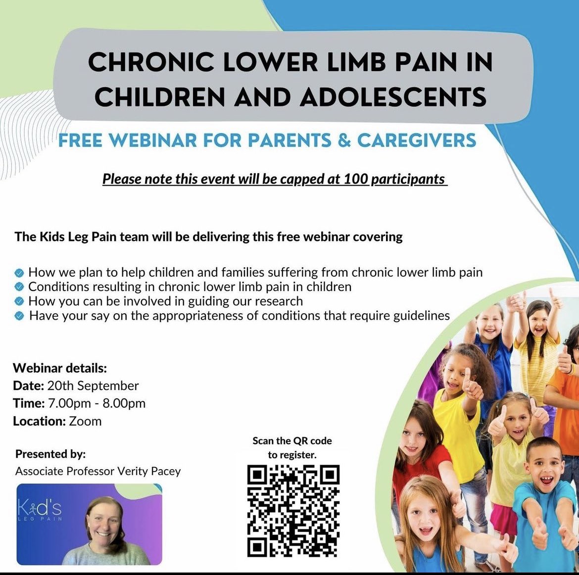 Are you a parent in 🇦🇺 and your child has a condition causing chronic pain in their lower limbs?

Join us for a free webinar, and have your say on how our research  can make things better for kids.
Register here:
monashmnhs.qualtrics.com/jfe/form/SV_7U…