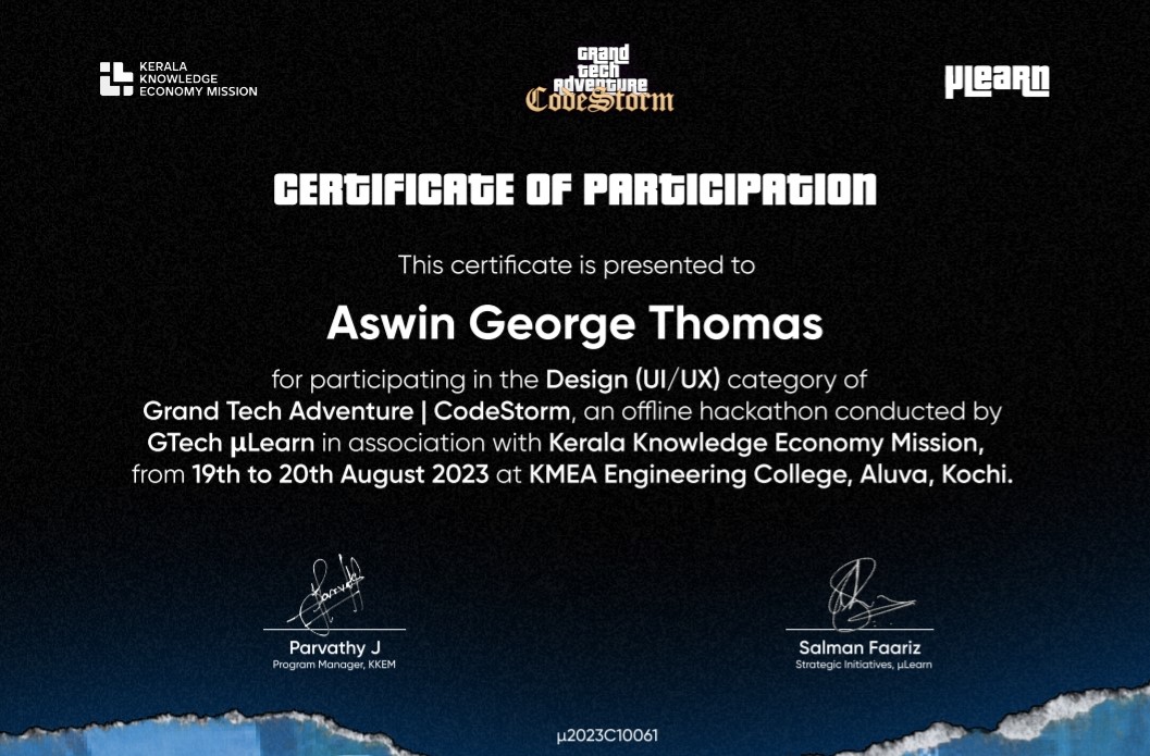 aswingt65's tweet photo. I am delighted to share that, I got a chance to participate in the GTA CodeStorm Hackathon
Our fantastic team consisted of Edwin Liby , Nandu Krishnan U and Joel Joy.
Watch our Design Prototype : https://t.co/V7CWMjcQNi
#gtacodestorm #GtechMulearn #kkem #Hackathon https://t.co/In8QyeT2V4