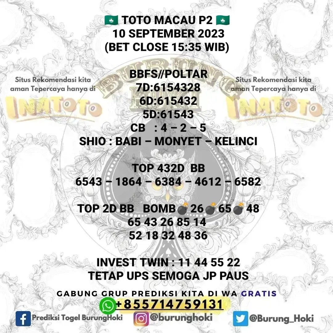 Burung_Hoki's tweet photo. Prediksi BurungHoki untuk (TOTOMACAU P2 10/09/2023)
Jadikan perbandingan Tetap Utamakan Prediksi Sendiri.
Join Group dan situs terpercaya? silakan cek profile saja ya

#togelindonesia #prediksitogel #bocorantogel #togelovers #totomacaupools #totomacau #prediksimacau #togelsgp https://t.co/gZwuTkeUkF