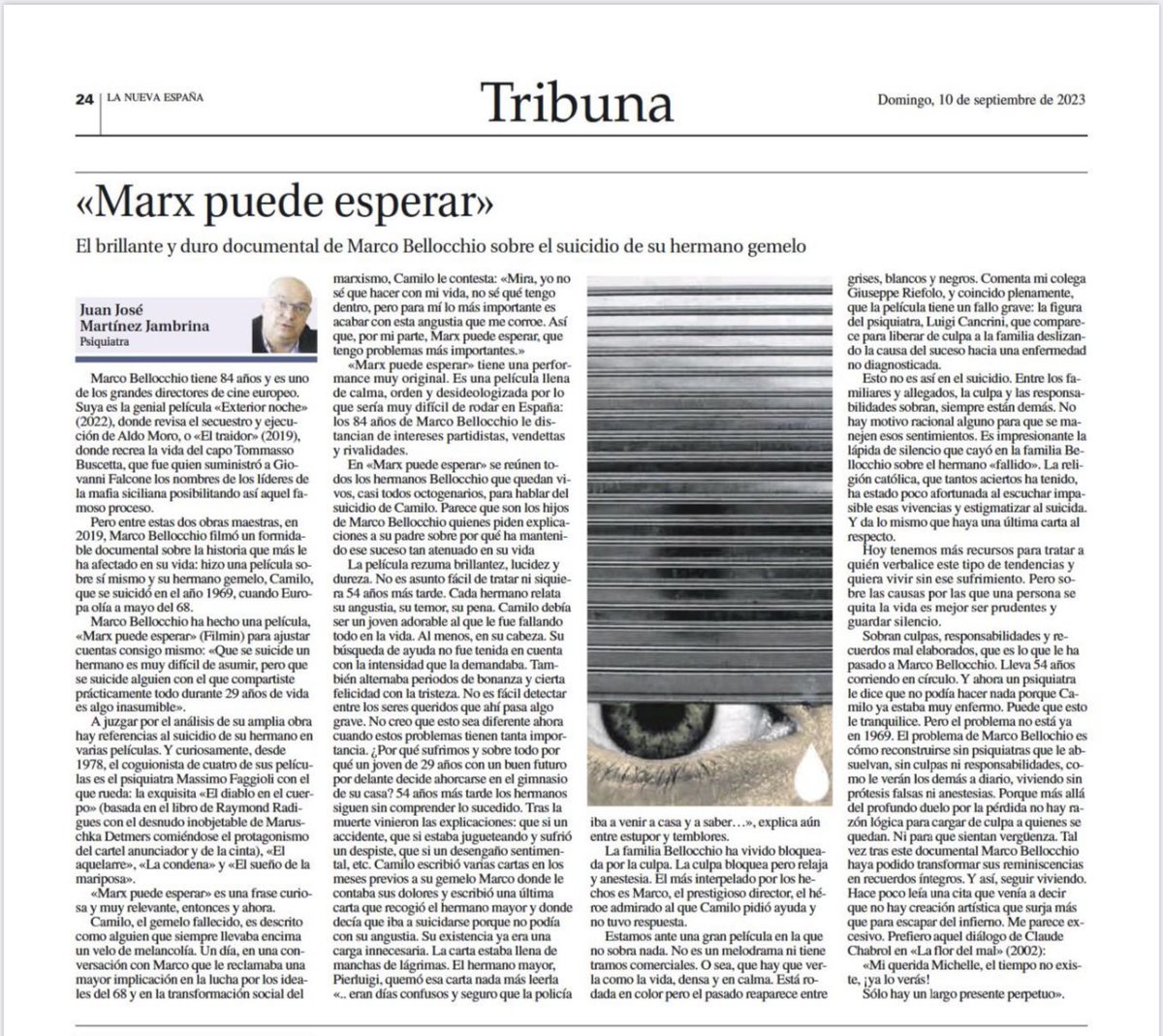 juanjojambrina's tweet photo. Mi columna de hoy para @lanuevaespana. Una de las mejores películas sobre la enfermedad mental y el suicidio. Tan clarificadora como exigente. Ante lo que se desconoce, mejor callar. 

“Marx puede esperar" https://t.co/GuAYQsbCZC vía @lanuevaespana https://t.co/UuX8WhAaxv