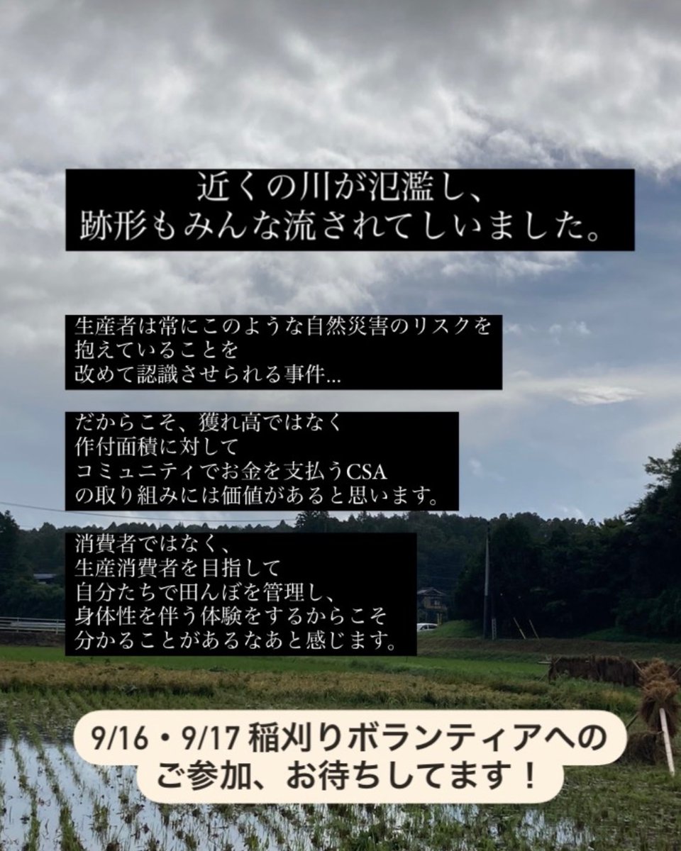 ⚠️急募⚠️

台風13号により、田んぼが被災しました🌀

9/16.17 稲刈りボランティアを募集します😭🌾
お力添えいただける方は以下からよろしくお願いします🙇‍♀️

👇ボランティア参加フォーム👇
docs.google.com/forms/d/e/1FAI…