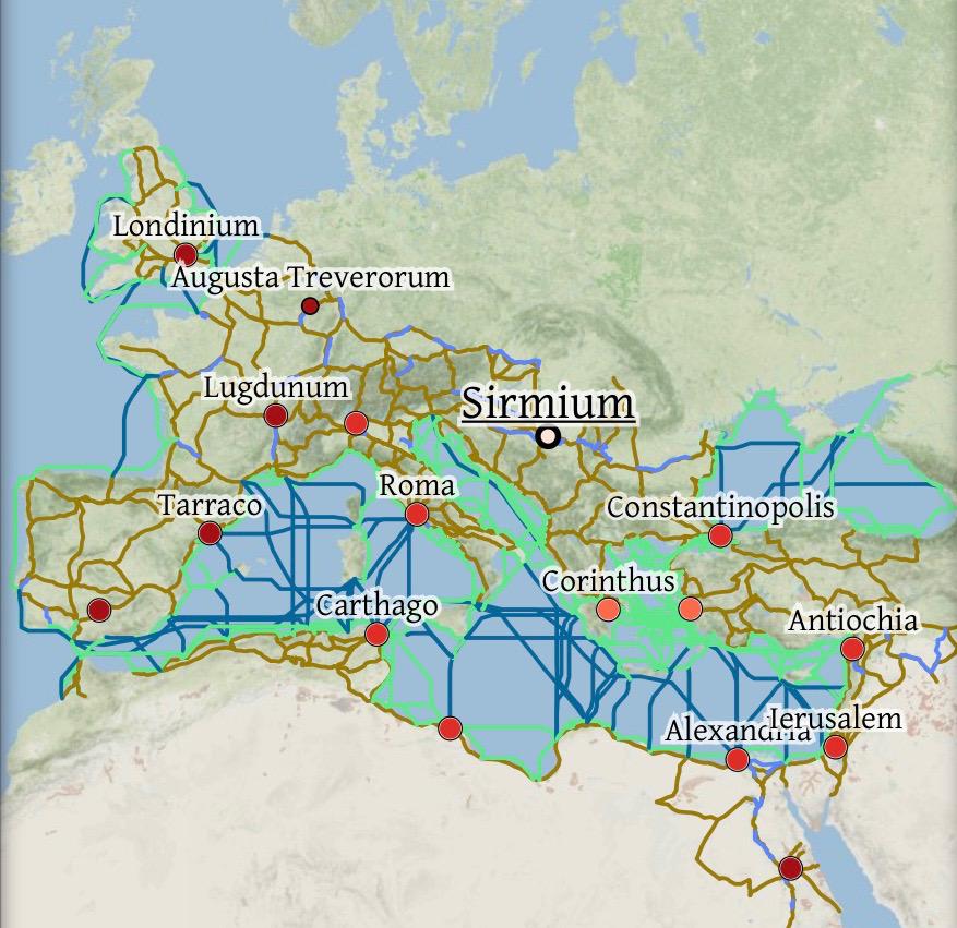 Esta aplicación calcula la duración de un viaje en el mundo romano: orbis.stanford.edu 
Y eliges la estación del año
Era mucho más rápido un viaje en barco, de ahí la importancia de controlar el mar