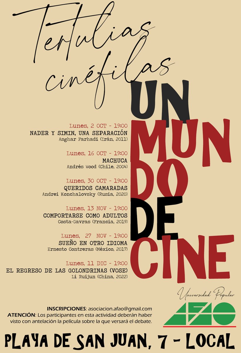 Crees que no hay más cine que el que nos llega de Hollywood? Con las tertulias cinéfilas que hacemos con AFAO descubrirás otras formas de ver el mundo a través de una cámara que te sorprenderán!

A qué esperas?

#CineForum #Barajas