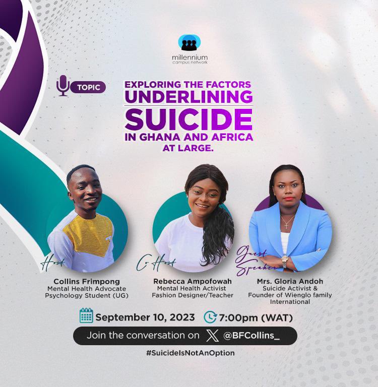 Every 40 seconds, someone in the world dies by suicide. 

Join @BFCollins_ @AkosuaAmpofowah today, 7 pm as they create more awareness. #SuicidePreventionDay 

x.com/bfcollins_/sta…

@MCNpartners @ImpactUN 🙏