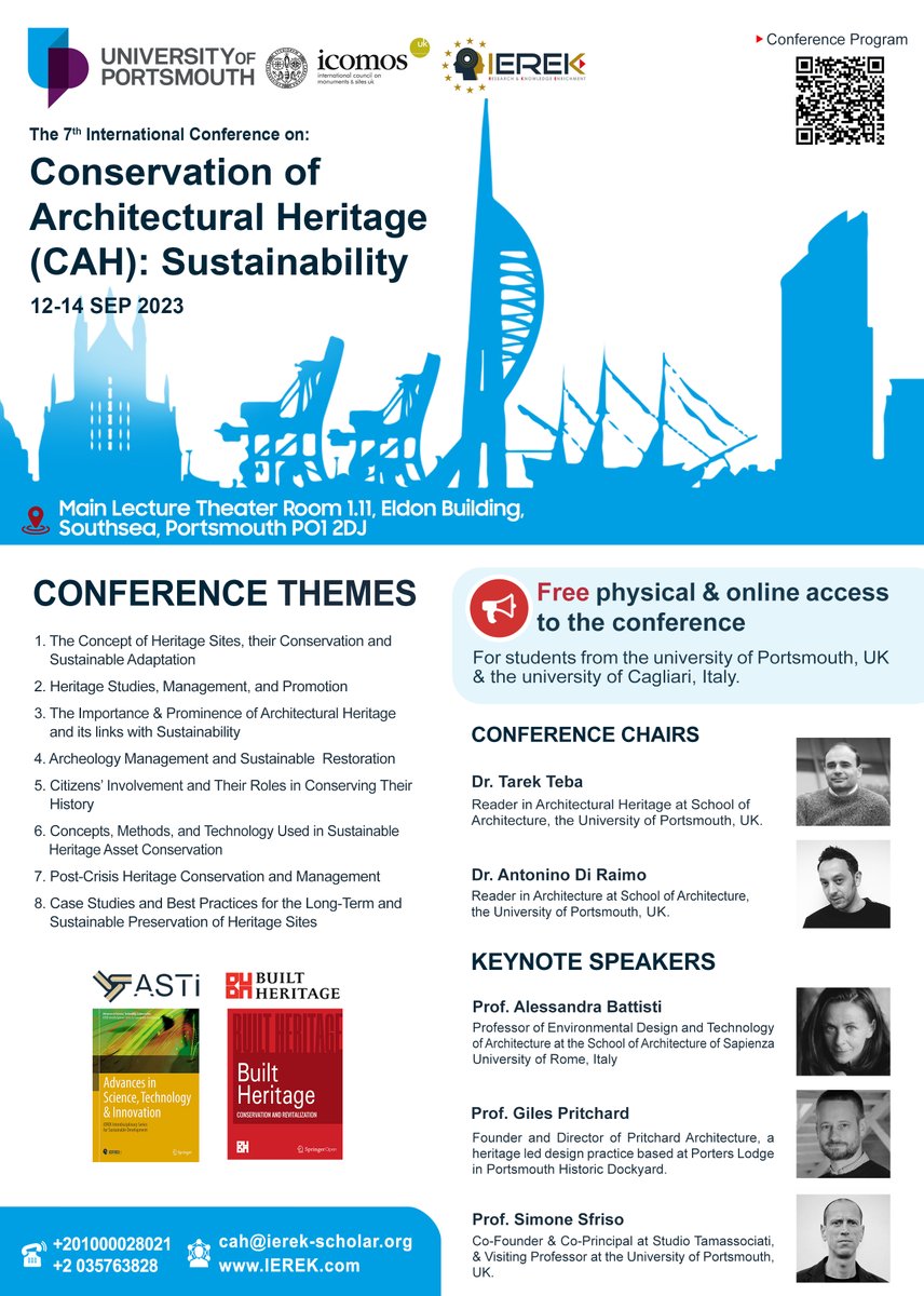 Arch_Tarek_Teba's tweet photo. We are excited the 7th “Conservation of Architectural Heritage (CAH): Sustainability” international conference starts this week @portsmouthuni, Join us!

@IEREK_INSTITUTE @HistoricEngland @EnglishHeritage @UoPGlobal @uopresearch @arch_port @UniPortCCI @HeritageHub_uop @DC_UoP https://t.co/tV2VCBe6r5