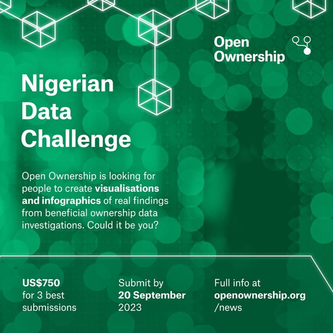 Open Ownership (@openownership) on Twitter photo Don't forget: we're seeking visualisations and infographics of real findings from data investigations in #Nigeria!
Submit your materials by 20 Sep, and get US$750 if your work is selected by a committee of <a href="/cacnigeria1/">Corporate Affairs Commission</a> <a href="/cislacnigeria/">CISLAC/TI Nigeria</a> and <a href="/DireLegislativo/">Directorio Legislativo</a>
openownership.org/en/news/nigeri… Don't forget: we're seeking visualisations and infographics of real findings from data investigations in #Nigeria!
Submit your materials by 20 Sep, and get US$750 if your work is selected by a committee of <a href="/cacnigeria1/">Corporate Affairs Commission</a> <a href="/cislacnigeria/">CISLAC/TI Nigeria</a> and <a href="/DireLegislativo/">Directorio Legislativo</a>
openownership.org/en/news/nigeri…