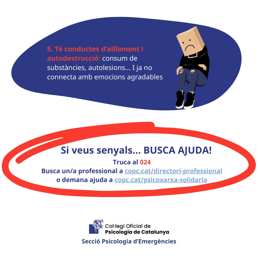 📌 Avui és el Dia Mundial per a la Prevenció del #Suïcidi, que va causar la mort de 607 persones el 2022 només a Catalunya, 31 més que el 2021 i 51 més que el 2020.

‼ Per ajudar a prevenir i frenar aquestes dades, #EmergènciesCOPC explica #senyals que poden avisar-nos.