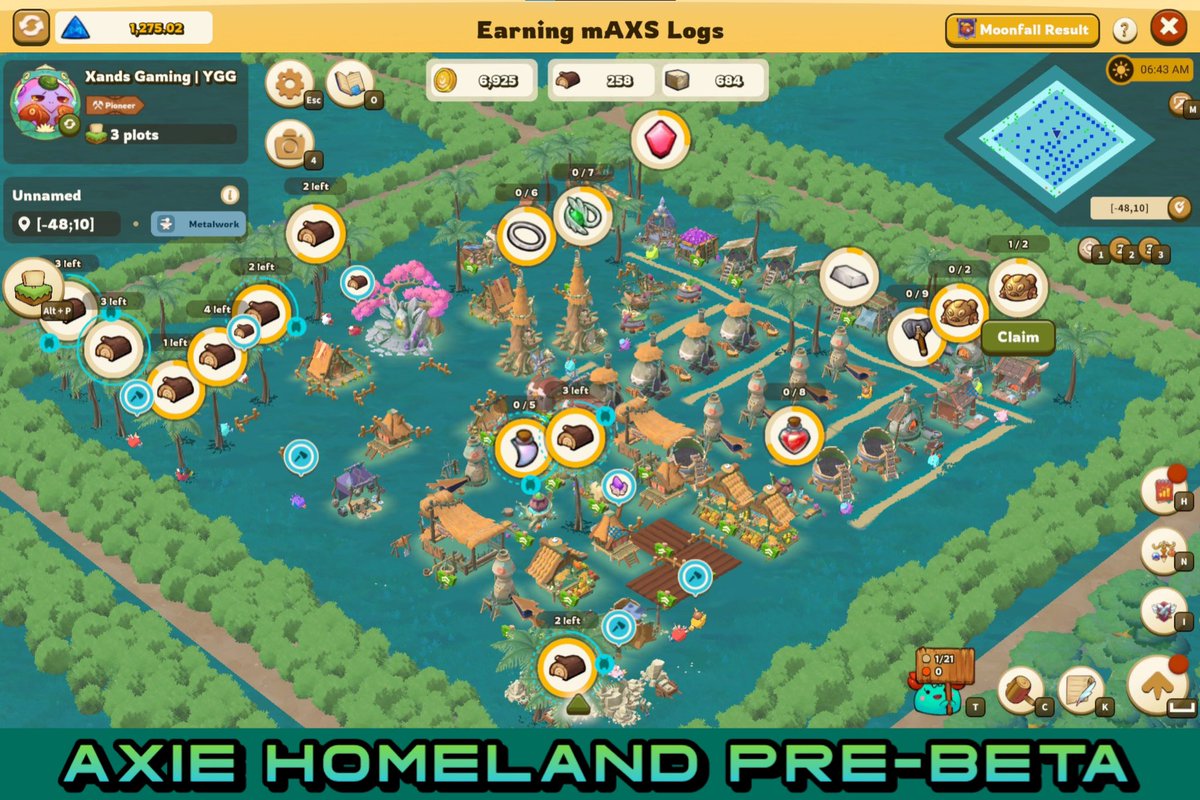 XandsGaming's tweet image. Having fun playing #AxieHomeland! Got 1.2 AXS so far just by crafting, gathering and producing! Woohoo! When #moonfall though? Thank you @edumock @Hantao @Moku_HQ @AxieInfinity #AxieCreator #AxieInfinity