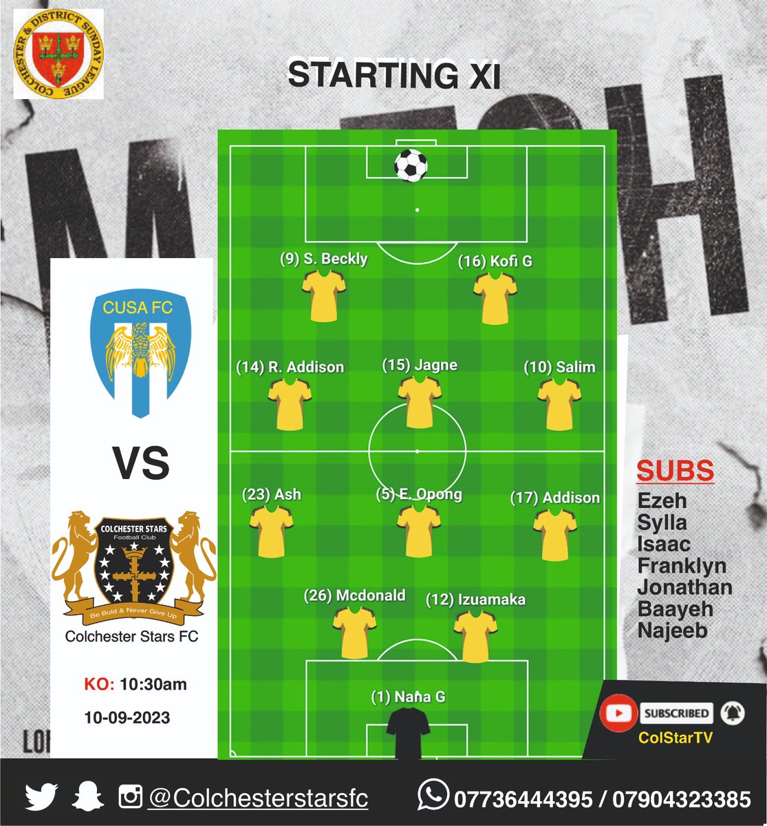 Colchesterstars's tweet photo. 🔵 𝗠𝗔𝗧𝗖𝗛𝘿𝘼𝙔 STARTING XI🟡
Colchester Stars 🆚 CUSA FC
Tomorrow 🕟 10.30am (🇬🇧 ) 🏆 Step-7
🏟 Shrub End Sports Grounds CO2 9BG https://t.co/ThHhGlAOvb