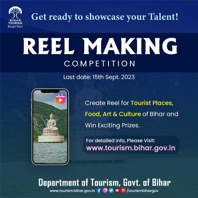 TourismBiharGov's tweet photo. Participate in Bihar TourismтАЩs Reel Making Contest and showcase your creativity! Capture reels featuring the beautiful sites, delicious cuisines and rich culture of the state.
Register at https://t.co/aPCcyAQqcf.
#BiharTourism #ReelForBiharTourism #ReelMakingCompetition #Reel #BlissfulBihar #Contest #Bihar @AbhaySinghIAS