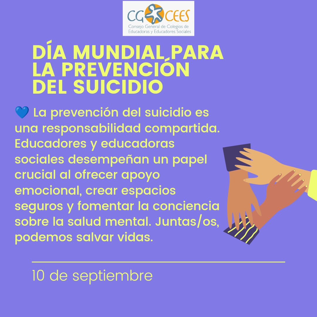 CGCEES's tweet photo. 💙 La prevención del suicidio es una responsabilidad compartida. Educadores y educadoras sociales desempeñan un papel crucial al ofrecer apoyo emocional, crear espacios seguros y fomentar la conciencia sobre la salud mental.Podemos salvar vidas
 #DíaMundialPrevenciónSuicidio https://t.co/YWqrugxbjx