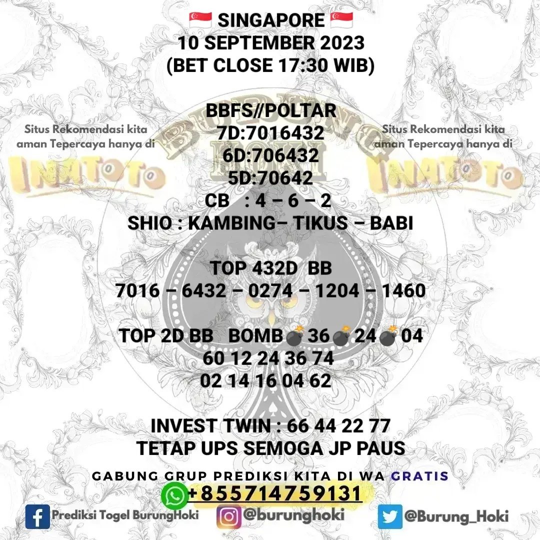 Burung_Hoki's tweet photo. Prediksi BurungHoki untuk (SINGAPORE 10/09/2023)
Dijadikan perbandingan saja NO MAHAR! Utamakan Prediksi Sendiri ya.
Join Group ? silakan cek profile saja ya guys

#togelovers #togelsydney #angkatogel #togelsingapore #togelsgp #togeljitu #togeljackpot #togelindonesia #togelwla https://t.co/s6aDzp8rbF
