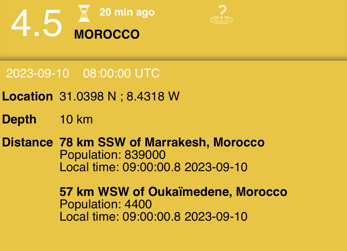 MoroccoIntel's tweet photo. 🇲🇦#FLASH| Une nouvelle secousse a été ressentie au Maroc 🇲🇦 avec une magnitude de 4,5.

Une dizaine de répliques du séisme d’Al Haouz ont frappé le Maroc ces 24 dernières heures. https://t.co/6pU8aTljMX