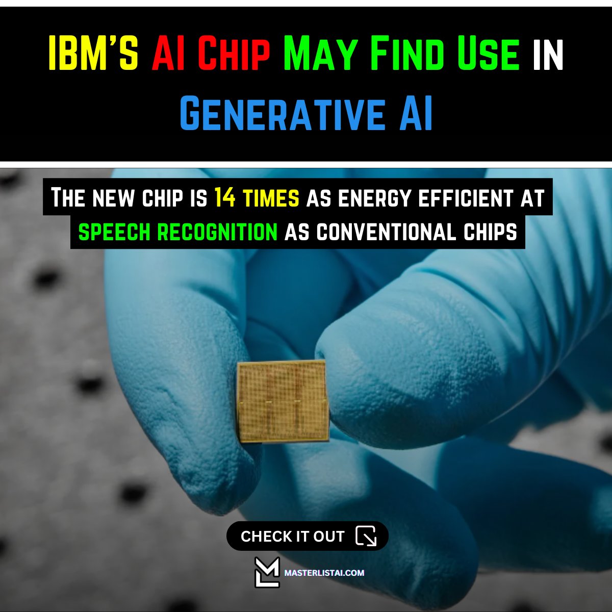 MasterListAI's tweet photo. π€π‘ IBM's AI chip offers a major energy efficiency boost for speech recognition, with potential impact on AI systems like ChatGPT & generative AI. Could this innovation reshape AI landscape? Share your thoughts! πποΈ #AIInnovation #IBMChip #EnergyEfficiency https://t.co/3VFygTSJNs