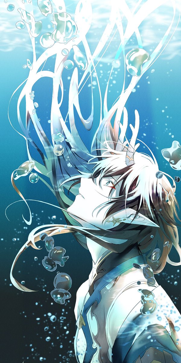 1boy pointy ears male focus underwater long hair solo bubble  illustration images