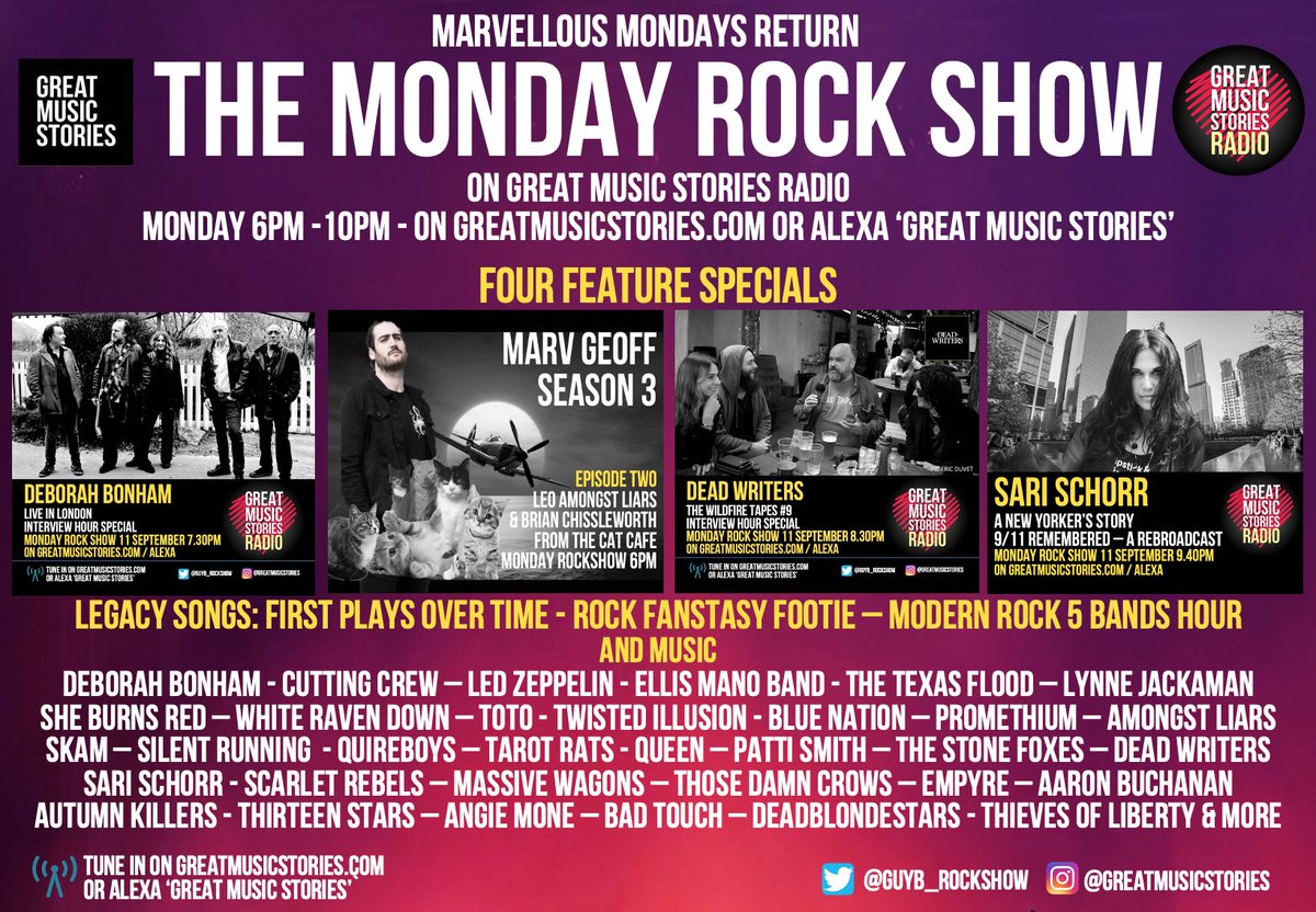 Monday Rockshow. Monday night will be marvellous with <a href="/deborahbonham/">Deborah Bonham 🇺🇦</a> <a href="/SariSchorr/">Sari Schorr</a> #DeadWriters <a href="/SKAM_UK/">SKAM</a> <a href="/amongstliars/">Amongst Liars</a> <a href="/SilentRunningUK/">Silent Running</a> @OfficialTIband <a href="/WhiteRavenDown/">White Raven Down</a> @bluenationmusic <a href="/Promethiumband/">Promethium</a> <a href="/ScarletRebels/">Scarlet Rebels</a> <a href="/MassiveWagons/">Massive Wagons</a> <a href="/autumnkillers/">Autumn Killers</a> <a href="/13_Stars1/">Thirteen Stars</a> <a href="/tarot_rats/">Tarot Rats</a> &amp; more 😎☮️