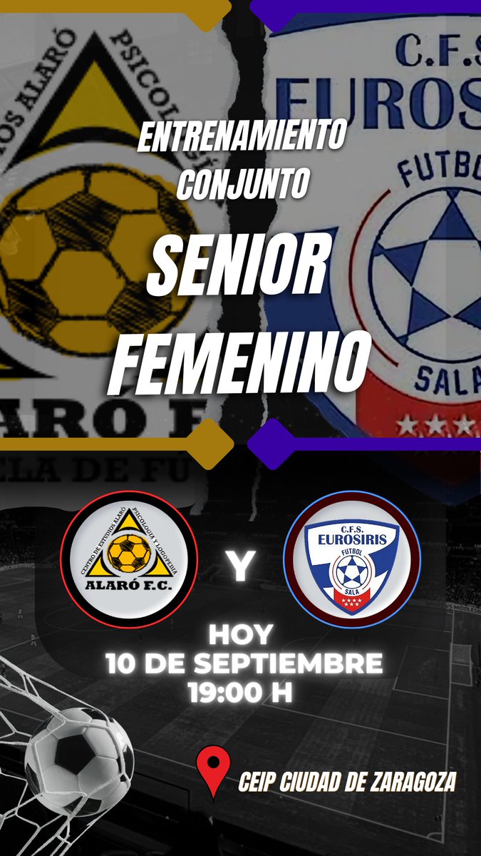 CFS_Eurosiris's tweet photo. ➡️ ¡ENTRENAMIENTO CONJUNTO SENIOR FEMENINO!

⚽ @AlaroCde y @CFS_Eurosiris 

🗓️ Hoy, 10 de sept. a las 19:00h

🏟️ CEIP Ciudad de Zaragoza https://t.co/E6LBjXR8at