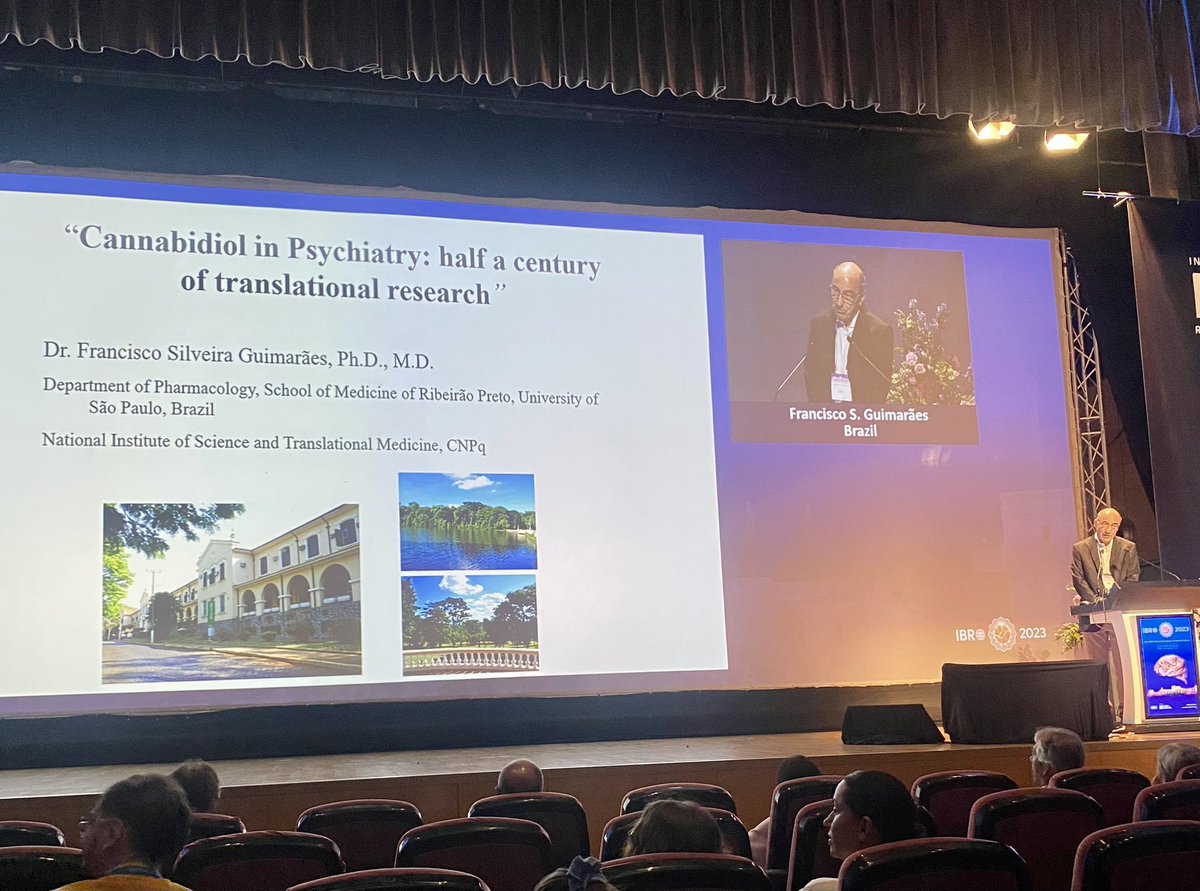 camlloureiro's tweet photo. Wonderful talk by Professor #FranciscoGuimarães from @usprp 🇧🇷 highlighting the role of CBD in psychiatric disorders - from bench to bed at #IBRO2023 🇪🇸! #neuroscience @IBROorg https://t.co/ANAGpDm6ko