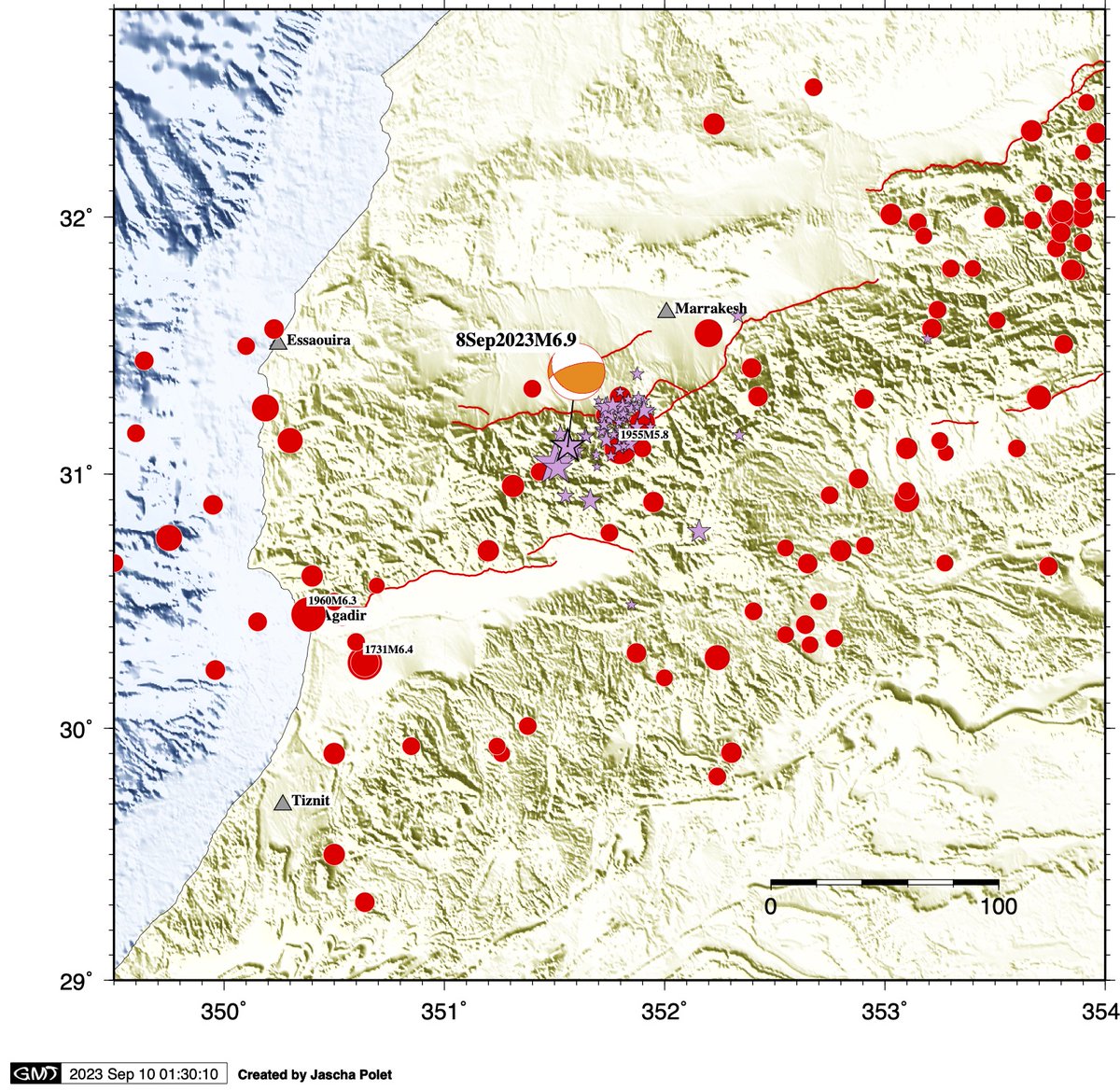 No aftershock of the M6.9 Morocco earthquake has (as of yet) exceeded a magnitude 5. Most aftershocks (purple stars) are located in a cluster towards the NE from the mainshock epicenter.