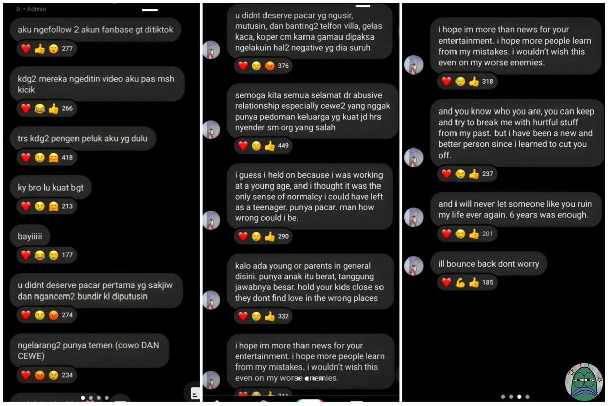tanyarl

tw / becca , rebecca

liat curhatan becca di broadcast nya sedih bgt:(
dia juga bilang buat jadiin ini pelajaran.

dan buat mantan becca inisial K lo 🐶. kabar nya K sekarang gimana ya? waktu itu udh dipanggil polisi kan? dipenjara gak?