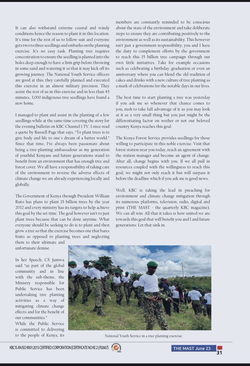 FarahJr002's tweet photo. Continuous improvement is better than delayed perfection.Started writing 4 @KBCChannel1 ‘s quaterly magazine last year. 2day, I made it 2 the cover of the latest dispatch with my story on the 15 billion #tree planting ambition by the head of state. Enjoy the read
#print 
#Writer https://t.co/0KPsWbTeJT