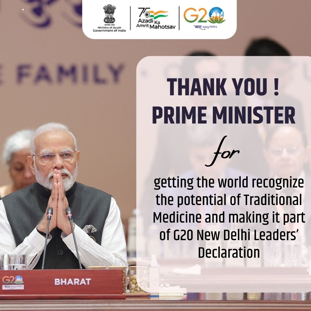 moayush's tweet photo. Thank You Hon’ble Prime Minister Shri Narendra Modi 

Inclusion of Traditional Medicine in G20 New Delhi Leaders’ Declaration will elevate it to global prominence. India will be at the forefront leading this transformation.  

#Ayush #HealthForAll https://t.co/FpS5hOePW0