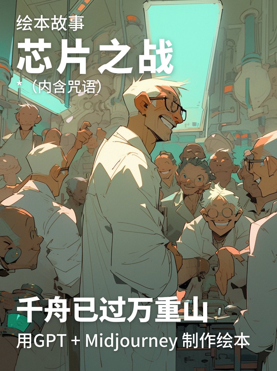RoujiqMo's tweet photo. 《只要1小时，每个人都能做一个绘本》

Midjourney+chatGPT 丨芯片之战 （🧑‍🎨 绘本）

尝试用ChatGPT+Midjourney的流程来制作一个简单的绘本故事，非常简单，1小时就能搞定！ https://t.co/M67HJTitKL