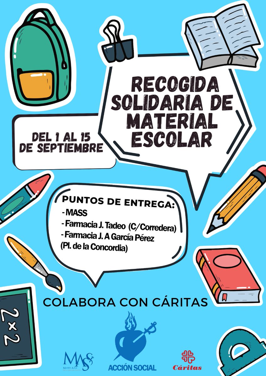 pasoazullorca's tweet photo. 📣 ¡Últimos días para participar en la recogida solidaria de material escolar!

🔵 Ayudemos a que todos los niños y niñas puedan vivir una feliz vuelta al cole.

📘🖌 Deposita el material en tu punto más cercano. https://t.co/Atyq31Z5zv