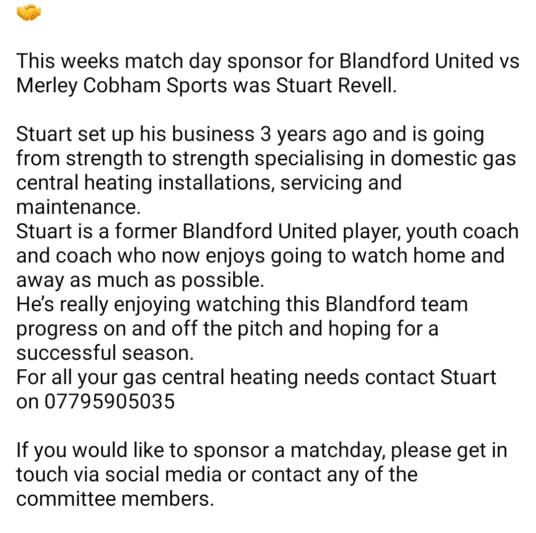 BlandfordUtdFC's tweet photo. 💙

A big 𝐓𝐇𝐀𝐍𝐊 𝐘𝐎𝐔 to @Revstu78 for sponsoring yesterday's match against @MerleyCobham,

Stu's chosen 𝐌𝐀𝐍 𝐎𝐅 𝐓𝐇𝐄 𝐌𝐀𝐓𝐂𝐇 was @steve22smithy!

#Royals https://t.co/8Z2dduVIqx