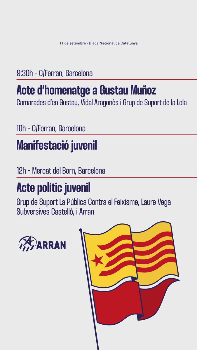 🔴 Demà! Ens veiem als carrers de Barcelona:

🔸9:30h Acte a Gustau Muñoz
🔸10h Manifestació juvenil
🔸 12h Acte polític

Aquesta #Diada2023 🔥✊🏽 guanyem la història, fem fora el feixisme!