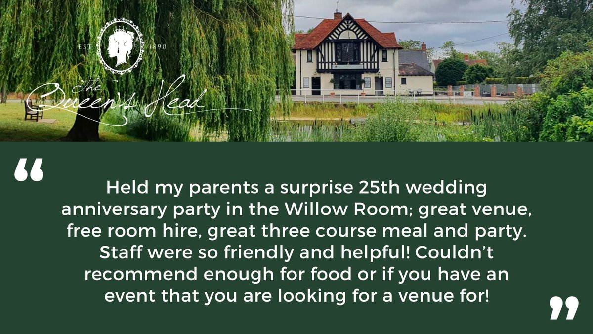 It’s always so lovely to read great reviews from our customers. Did you know our Willow Room is available for free hire for events and functions? Give us a call today to discuss your event.

#QueensHead #WillowRoom #CustomerFeedback #FunctionRoom #LocalPub