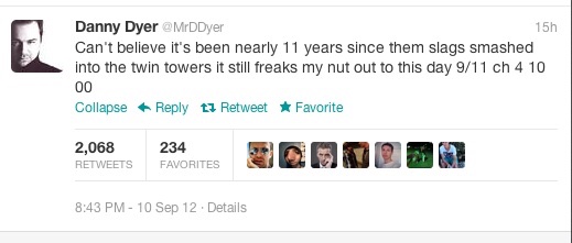 EvansBeard's tweet photo. Happy Danny Dyer Tweet Day!

Can you believe it’s been EXACTLY 11 years since Danny Dyer tweeted that he can’t believe it’s been nearly 11 years since them slags smashed into the twin towers still freaks my nut out to this day? 
Still freaks my nut out to this day. https://t.co/gWTWwEMmEM