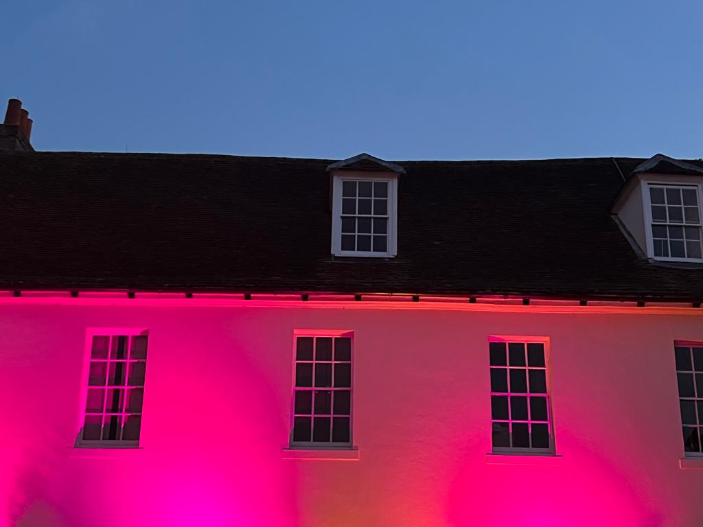 EastFasd's tweet photo. Martin Butcher chair of @EastHerts &amp; Tom Day Mayor of Ware celebrate #FASD day @WareTownCouncil lights the Priory red in solidarity with those living with Foetal Alcohol Spectrum Disorder, the most common neurodisability. @NationalFASD https://t.co/GBwip6QYyS