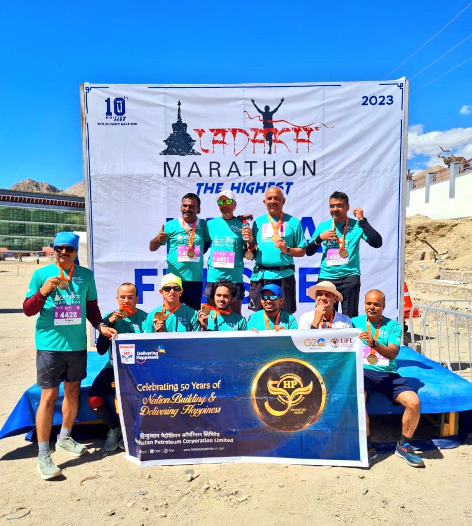 HPCL's tweet photo. #जांबाज Bent on discovering their true mountain spirits under rigorous & challenging conditions, our home grown 11 Jaanbaaz #Hpites participated & successfully explored themselves at the 10th edition of #LadakhMarathon which is the highest as also the toughest marathon; anywhere in the world.
Kudos to each of the 11 #Warriors
for making us all proud at #HPCL.
#RunForACause #DareToDream
#HPtowardsGoldenHorizon
#DeliveringHappiness

@HardeepSPuri @KirenRijiju @ianuragthakur @dc_leh @Ladakh_Marathon @LAHDC_LEH @utladakhtourism @lg_ladakh @tashi_gyalson @Ravinder_Dangi1 @Angchuk5