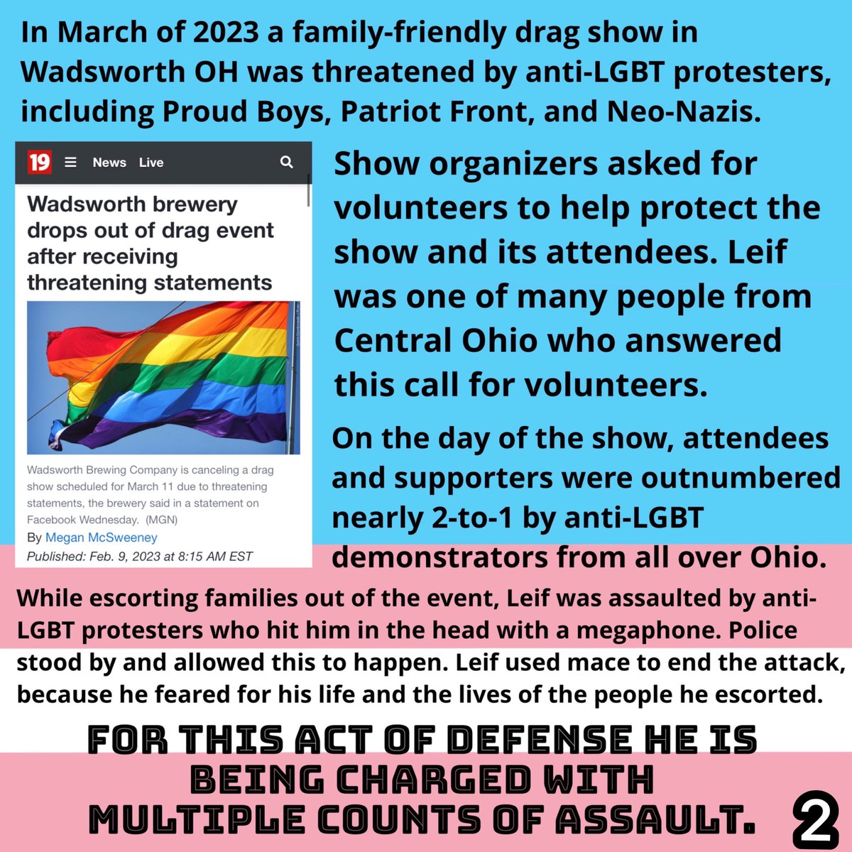 ComradeOhio's tweet photo. Justice For Leif 📣
Plz share, donate, pack the court.
March 2023 nazis threatened a family friendly drag show in rural Wadsworth, Ohio.
While escorting families, Leif defended himself after being assaulted by bigots.
Police charged Leif, a trans man, w multiple counts of assault https://t.co/nPbtcdsu1T