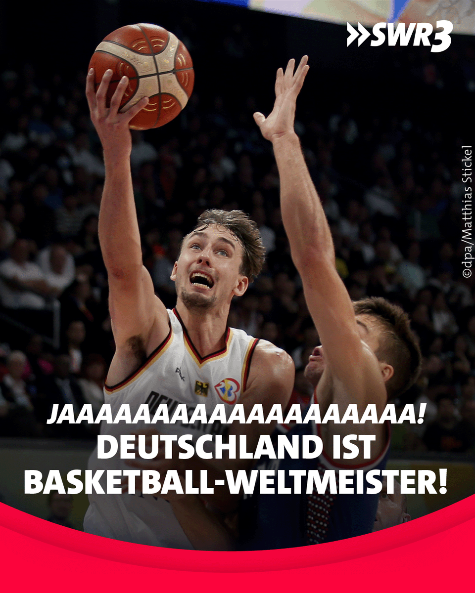 swr3's tweet photo. Was für ein Krimi! Deutschland ist #Weltmeister im #Basketball. Einfach genial – danke für ein unfassbares Turnier, @DBB_Basketball! https://t.co/1niqeYZMfN