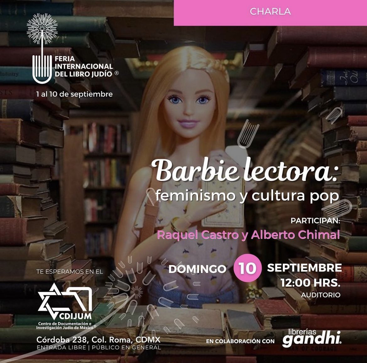 Hoy tendremos unas maravillosas actividades que cerrarán el último día de Feria. 
Un guiño a la cultura popular de la mano de <a href="/raxxie_/">Raquel Castro</a> y <a href="/albertochimal/">Alberto Chimal</a>. Quienes hablarán de la muñeca Barbie y el feminismo pop. 

<a href="/RamirezClaudia_/">Claudia 🥑Ramírez ♌️💮✴️</a>